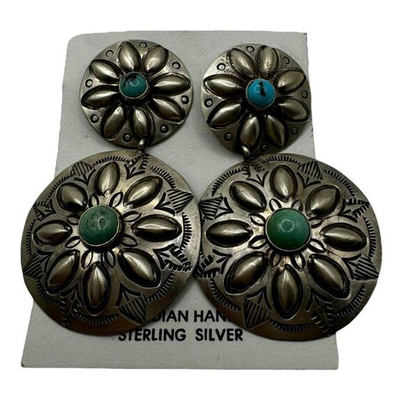 Genuine Navajo Handcrafted Sterling Silver Earrings Turquoise Pierced Dangle SW - Picture 1 of 5